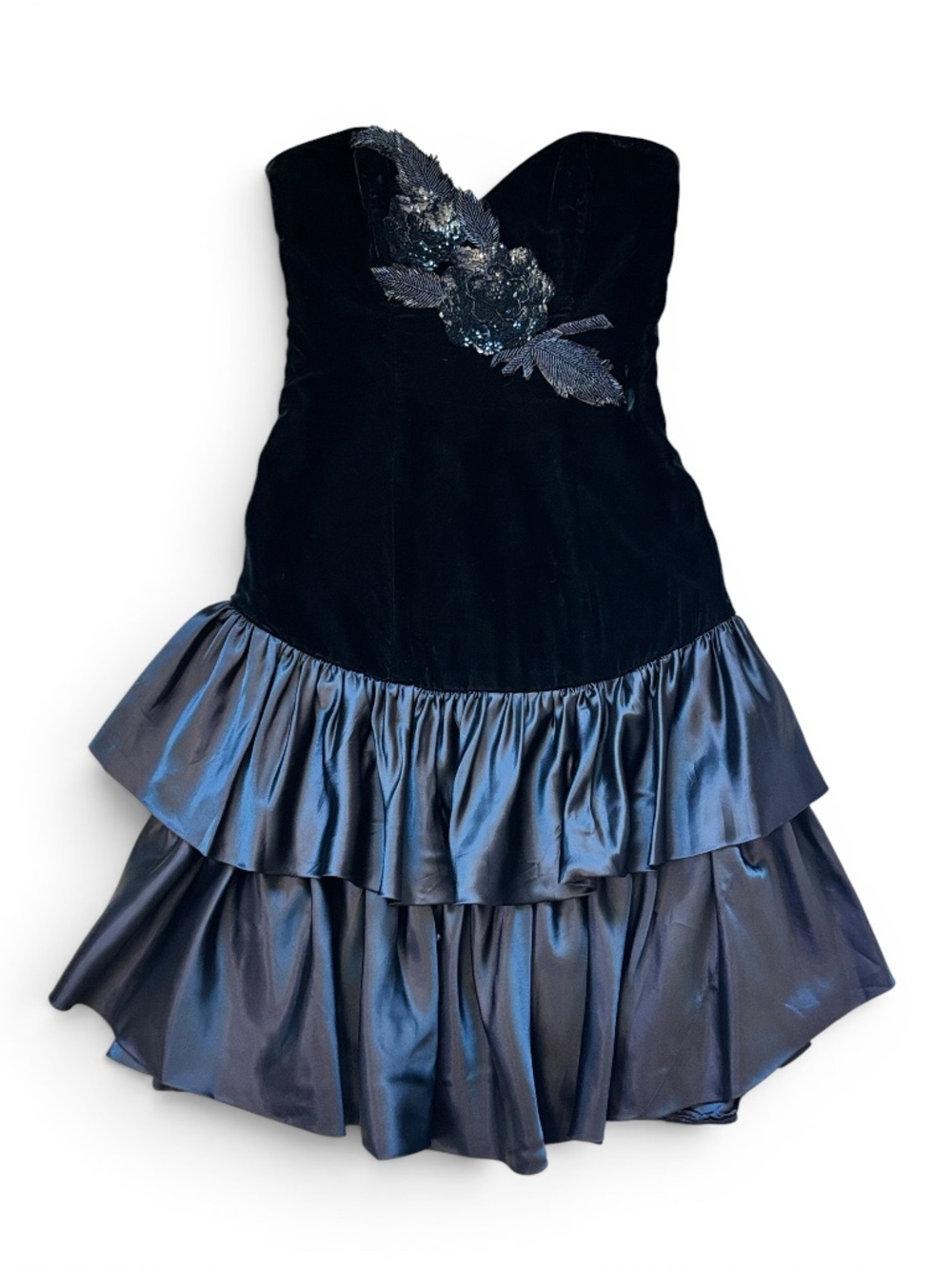 80s Alyce Designs Beaded Black Velvet Party Dress Strapless with Tiered Ruffles - Picture 13 of 13